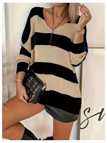 MakeMeChic Women's Plus Size Sweater Striped V Neck Long Sleeve Knitted Pullover Tops2