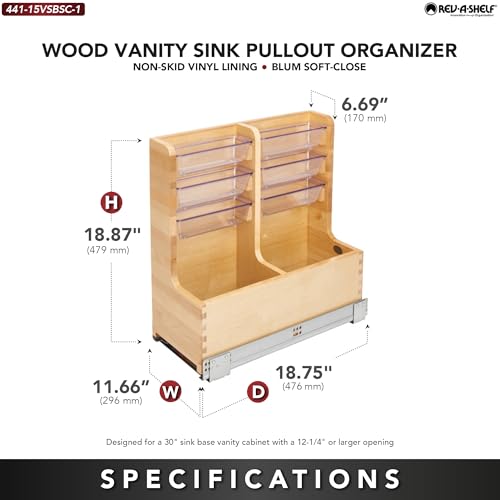 Image of Rev-A-Shelf 30 inch Wood Vanity Sink Pullout Organizer Cabinet Storage with Soft-Close for Kitchen or Bathroom, Min Opening Width of 12 inch, Maple Wood, 441-15VSBSC-1