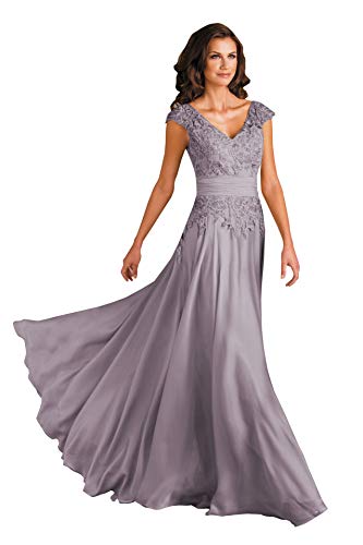 POMUYOO Women's V-Neck Mother of The Bride Dresses Long A-Line Lace Chiffon Formal Dress with Sleeves4