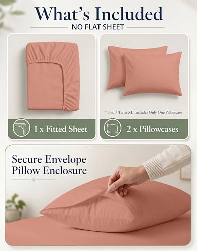 Image of LANE LINEN 100% Organic Cotton Queen Size Fitted Sheet Only (+Pillowcases) 3-Piece Set Soft & Comfy Hotel Style Percale Weave Fully Elasticized Deep Pocket Queen Fitted 15 inch Deep - Rose Dawn