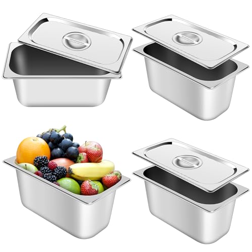 HAOWANWW 3Set Stainless Steel Gastronorm Container 1/3 Food Pan 150,150,300 mm Deep with Lid,5.3L Stainless Steel Squar Chafing Dish Buffet Set Serving Utensils (150mm Deep with Lid)