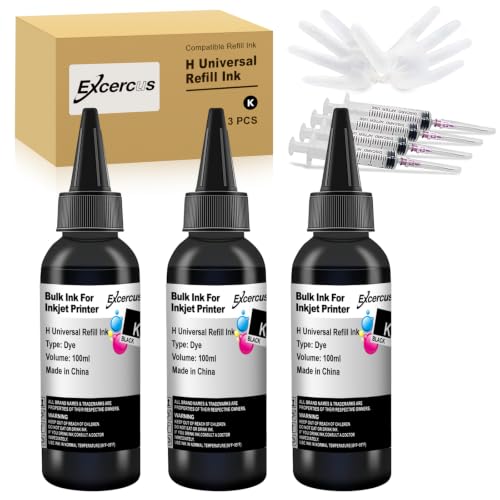 EXCERCUS Ink Refill Kit for HP 67 67XL 65 65XL 60 61 62 63 63XL 910 910XL 950 951 952 952XL 962 962XL 932 933 923 Inkjet Printer Cartridges Refillable CIS CISS System (100ml, 3 Black)