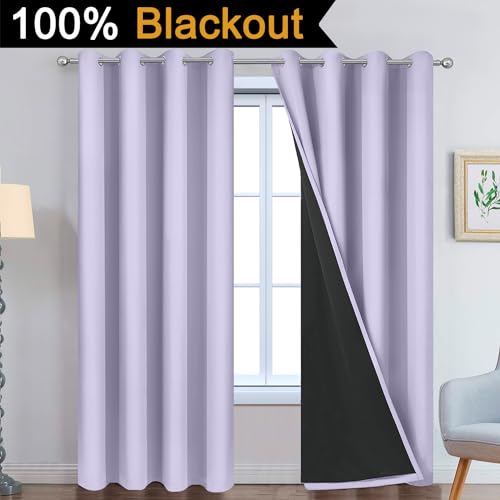 Image of Yakamok Lilac 100% Blackout Curtains 90 Inches Long for Bedroom 52 inch Wide | Blackout Curtain Panels for Bedroom, 2 Thick Layers Grommet Top Thermal Insulated Drapes with Black Liner for Living Room