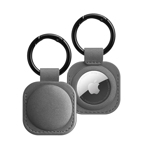 Image of Leather Case Keychain (Pink) - Protective Holder Compatible with Apple AirTag 1 & 2 for Keys, Pet Collars, Bags & Luggage - Scratch-Resistant, Soft Touch, Secure Ring | Grey