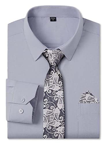 Cromoncent Men's Stylish Business Dress Shirt and Tie Combo,Long Sleeve,Stretchable,Trendy Designs,Breathable,Grey,M