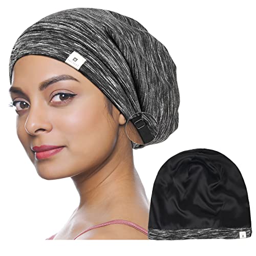 YANIBEST Bonnet de sommeil rembourré en soie - Extra large - Pour femme - Noir gris Cover