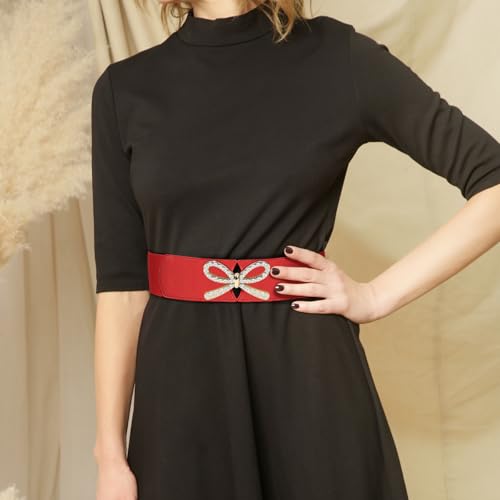 Women Wide Stretchy Belts Bow Rhinestone Alloy Buckle Elastic Waist Belt for Dresses Jumpsuits Coats4