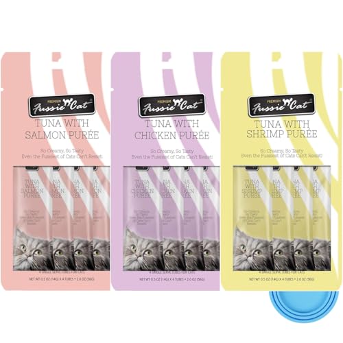 Fussie Cat Premium Puree Lickable Cat Treats in Tuna Puree, Lickable Treats, 3 Packs of 4-0.5oz Tubes,(12 Total Tubes) Variety Flavor Pack of 3 Flavors. Salmon, Shrimp, Chicken + Lid