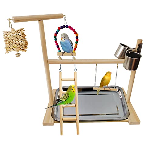 JSLZF Bird Playground Parrot Perch Wooden Birdcage Stand Parrot Play Gym Parakeet Ladder Swing Chew Toy Exercise Toy Bird Feeding Cups for Lovebirds Budgie