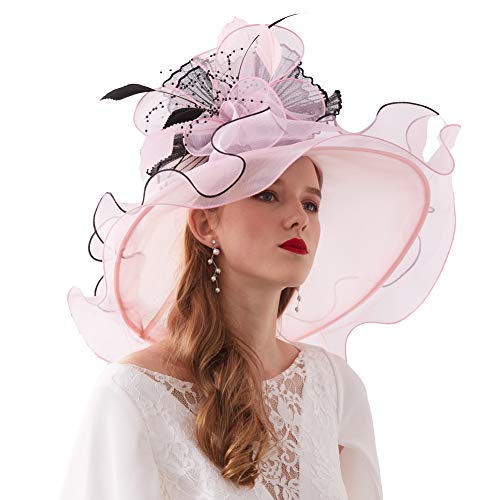 Go Mai Women Kentucky Derby Hat Organza Hats Two Wear Ways,Hat Flower Can Be Used As a Headwear, Light Pink, One Size - Thumbnail 2