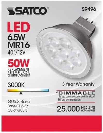 Satco Lighting 6.5 Watt Dimmable MR16 Low Voltage LED Light Bulbs - 3000K Soft White - 40 Degree Beam Angle - GU5.3 Base - 12 Volt AC/DC (12 Pack)