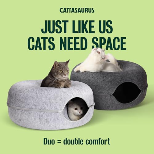 Image of Cattasaurus Peekaboo Cat Cave Donut for Multiple & Large Cats up to 30-45 lbs, 3-in-1 Self Warming Cat Bed, Tunnel & Scratcher for Indoor Cats, Washable & Detachable (Light Gray + Dark Gray, Large)