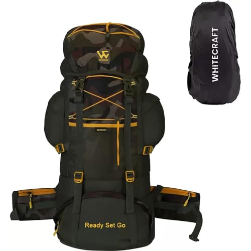 WHITECRAFT 75 Liter Waterproof Rucksack Backpack with Rain Cover for Outdoor/Sports/Camping/Hiking/Trekking Bag for Men and Women with 1 Year Warranty (Black Army Green)