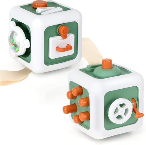Image of 6 in 1 Sensory Busy Activity Cube for Toddlers - Montessori Toys with with Simulated Switches, Steering Wheel, Drawer, and Fun Rotating Features - 1-3 Year Old Baby Boys and Girls