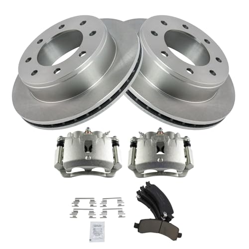 Image of TRQ Rear Brake Pad, Caliper, & Rotor Kit Ceramic Vented Compatible with 2003-2017 Chevrolet Express 2500 2005-2017 Express 3500 GMC Savana 2500 Savana 3500