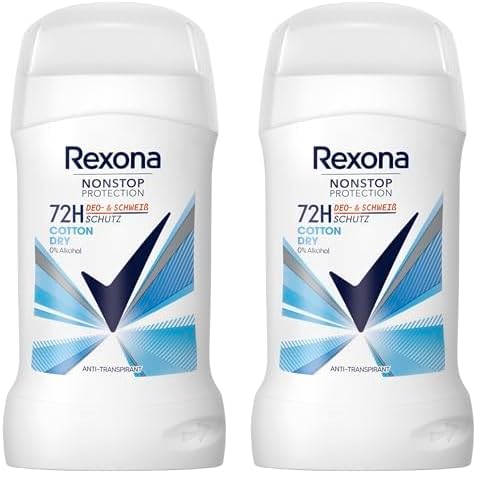 Rexona Nonstop Protection Déodorant en stick Cotton Dry anti-transpirant avec 72 heures de protection contre la transpiration et les odeurs corporelles 50 ml (Lot de 2)