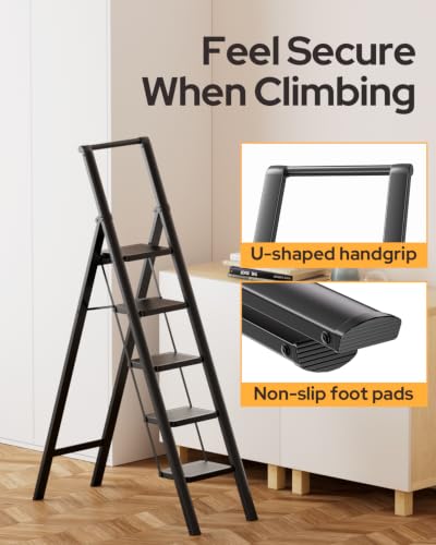 Image of 5 Step Ladder Folding Step Stool Stepladders with Anti-Slip and Wide Pedal for Home and Kitchen Use Space Saving (Black)