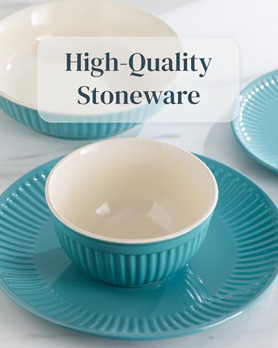 Image of Stoneware Dinnerware Set for 8 People HYGGE 24-Piece - Elegant Scandi Design - Premium Dish Set - Bowl and Plate Set - Tableware for 8 People in a Ribbed Design - Pure Living in Green