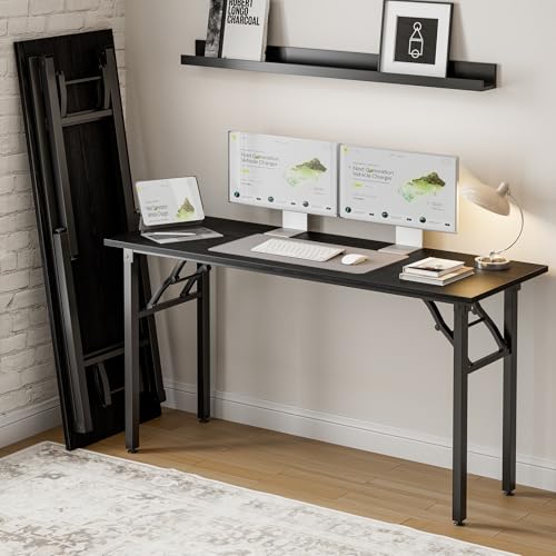 Image of Frylr Small Folding Computer Desk - Portable 55.1 Inch Foldable Laptop Table, Collapsible and Compact for Easy and Fast Setup, Lightweight for Small Spaces, Home Craft and Study Use, Dark Oak