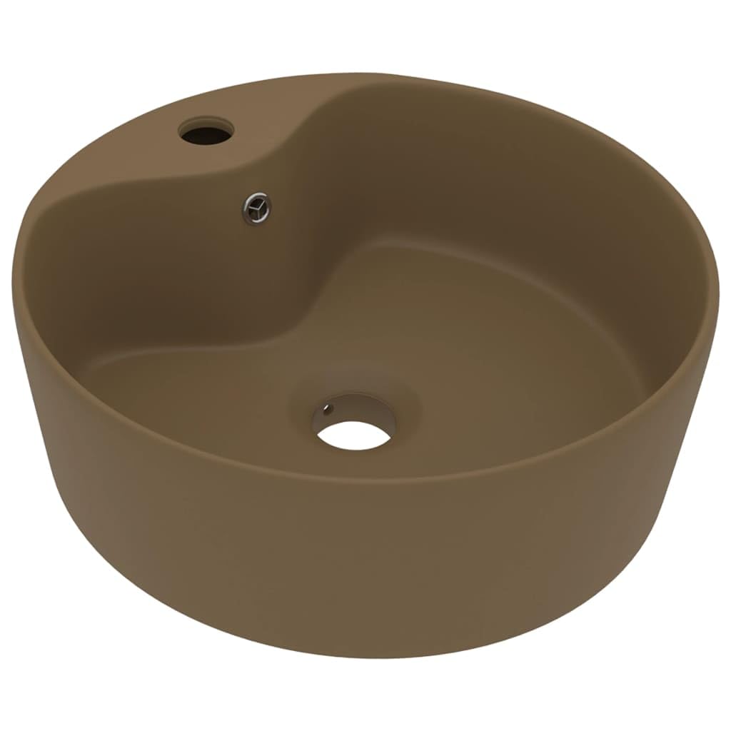 Lavabo de 36 cm redondo de cerámica mate crema con rebosadero, moderno lavabo para baño, invitados, cocina, autocaravana