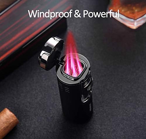 Cigar Torch Lighter, 4 Jet Flame Butane Lighter with Punch Cutter, Refillable and Adjustable Windproof Lighter Butane Gas NOT Included (Black)