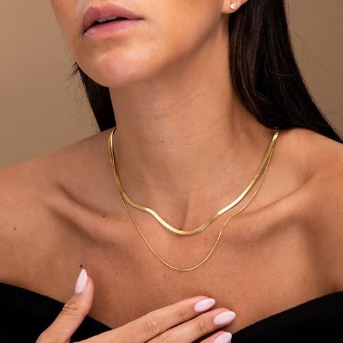 Herringbone Gold Necklace for Women, Non Tarnish 14k Gold Plated Layered Necklaces Simple Dainty Gold Chain Thin Trendy Choker Snake Necklace Gold Jewelry for Women Gift14 /16/ 18inch2