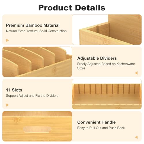 Housolution Pull Out Food Container Lid Organizer with Sliding Rail, Slide Out Plastic Lid Holder Compatible with Tupperware, Bamboo Storage Box with 5 Adjustable Dividers for Kitchen Cabinet, 1 Pack by Housolution - Image 4