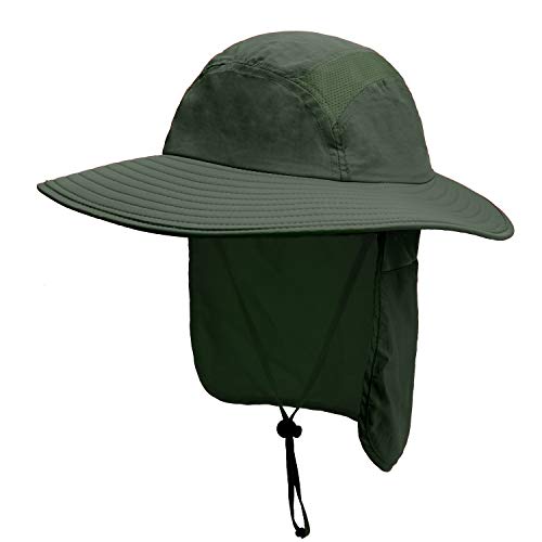 Home Prefer Mens UPF 50+ Sun Protection Cap Wide Brim Fishing Hat with Neck Flap (Army Green)