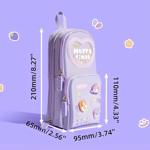 Image of Canvas School Bag Pencil Case, 3 Layer 6 Compartment Large Capacity, Aesthetic Pencil Pouch for Stationary, Cute Stationery for Kids, Pencil Case for Girls & Boys (Happy Time Combo)