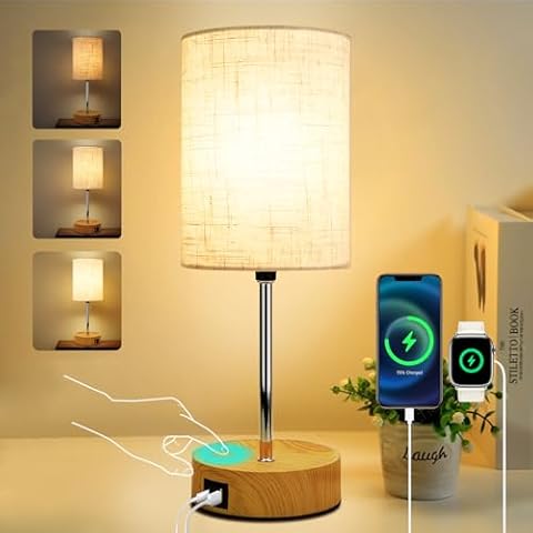 Bedside Lamp for Nightstand Table Lamp for Bedroom 3 Way Dimmable Touch Lamp with USB Charging Port Bedside Lamps for Night Stands with Wooden Base Cylinder Fabric Shade table lamps Bulb Included Cover