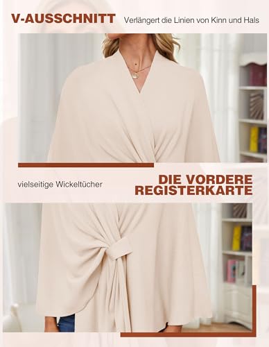 PULI Damen Elegant Poncho Strick Ponchos Capes Vorne öffnen Vielseitige Schalwickel mit Lasche Beige