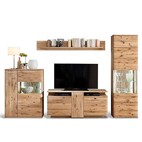 Lomadox Wohnwand in Asteiche Bianco massiv geölt, mit Highboard, Lowboard, Vitrine und Regal, 320cm Breite – Bild 3