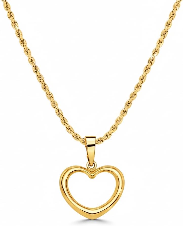 SHOP WGS Italian 14K Solid Gold Open Heart Pendant Charm for Women - Real 14K Yellow Gold Minimal Hollow Heart Design Pendant (15mm-20mm)