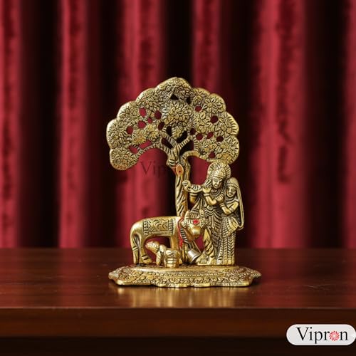 Image of Brass Finish Metal Lord Krishna with Cow and Tree Statue - Spiritual Hindu Art Decor for Home, Office, and Pooja Room - 5.7-inch Elegant Statue of Krishna