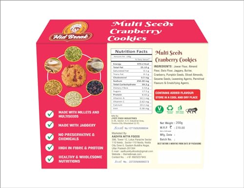 Image of MidBreak Premium Millet Cookies 200g | Multi Seeds Cranberry Oats Biscuits | Gluten Free and No Refined Sugar | Sorghum, Almond and Oats Flour | Healthy Snack for Guilt Free Munching | Pack of 1