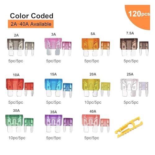 Kit surtido de 120 fusibles para automóvil tipo cuchilla, amperajes estándar 2A, 3A, 5A, 7.5A, 10A, 15A, 20A, 25A, 30A, 35A, 40A miniatura 2