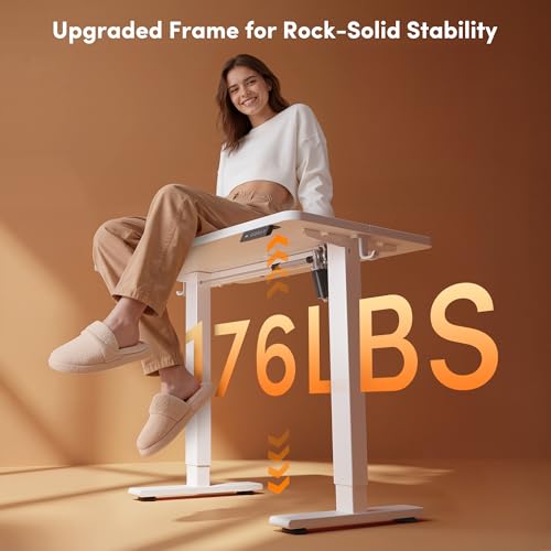 Image of FEZIBO Small Standing Desk, 32 x 19 Inches Electric Height Adjustable, Sit and Stand Up, Computer Office Desk with Splice Board, White Frame /White Top