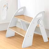 Sgabello di legno per Bambini a 2 Gradini Pieghevole, Capacità di 130 kg con Tappetino Antiscivolo e Maniglie, Scaletta per Bagno, Camera dei Bambini, Cucina, Bianco