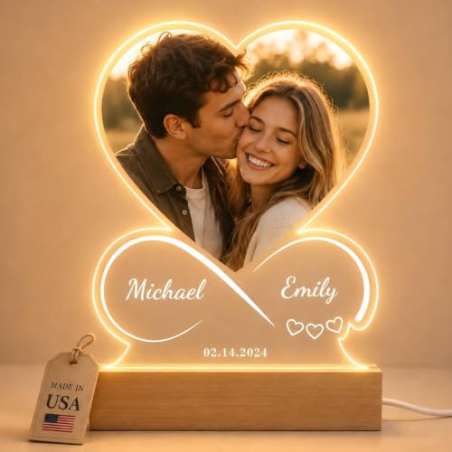 iDIY Custom Picture Frame for Couples with Photo Ships Next Day Made in USA Heart Acrylic Photo Night Light Personalized Anniversary Valentines Day Gifts for Boyfriend Girlfriend