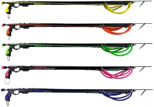 MAKO Titan Elite Speargun with Open Muzzle – Enclosed Track, Stainless Steel Double Roller Trigger, Sharkfin Spear – High-Performance Speargun – 100CM - Blue Camo - Orange