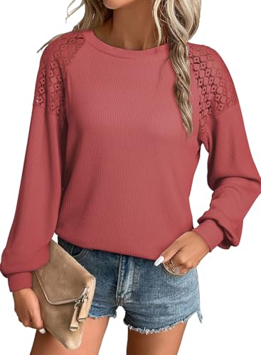 EVALESS Womens Long Sleeve Tops Dressy Casual Crewneck Waffle Lace Patchwork Knit T Shirts Blouses Fall Fashion 2025