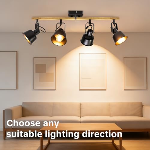 Deckenstrahler 4 Flammig, Schwenkbar 350°, Vintage Deckenlampe LED Deckenleuchte, E14 Fassung Industrial Holzmaserung Spotbalken für Küche, Wohnzimmer, Schlafzimmer, Schwarz (Ohne Leuchtmittel)