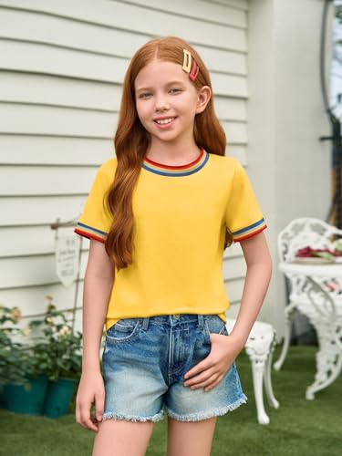 Image of Haloumoning Girls Short Sleeve T-Shirts Summer Rainbow Tops 5-14 Years | Kids Basic Tees, Rainbow Trim Ringer Tees, Crewneck Tops, Casual, Loose Fit