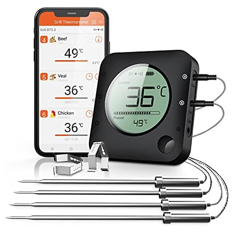 BFOUR Bluetooth Thermometer Bratenthermometer mit Zeitmesser, 4 Temperaturfühlern Sonden Digital Grillthermometer Hintergrundbeleuchtung LCD Display Sofortiges Auslesen Cover
