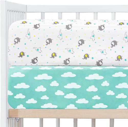 Image of Crib Sheets Neutral, 2 Pack Fitted Crib Sheets Set, Printed Crib Sheets for Boys and Girls, Soft and Breathable Silky Microfiber Baby Sheet Fits Standard Crib and Toddler Mattress, Elephant & Clouds