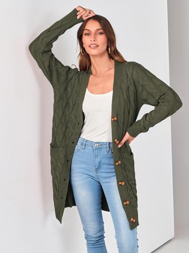 Image of PRETTYGARDEN Long Sleeve Cable Knit Long Cardigan for Women 2026 Spring Winter Chunky Open Front Button Sweaters with Pockets