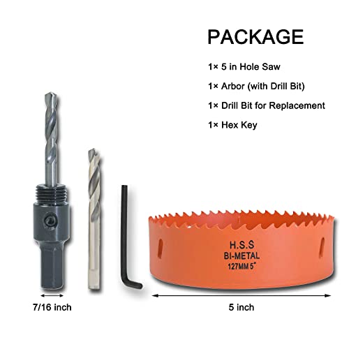 Vikiton 5 Inch Hole Saw With Arbor For Metal Wood And Plastic, 127Mm Bi-Metal Hole Cutter For Different Project With Smooth And Flat Drilling Edge, Fast Chip Removal #TOP1