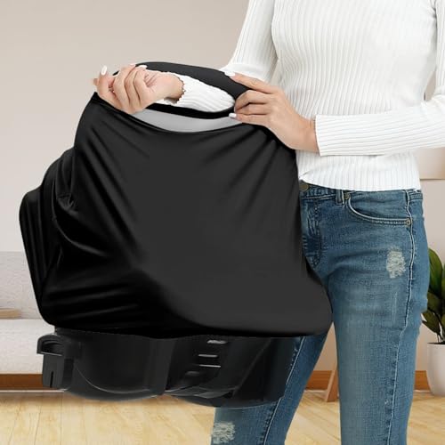 Image of Solid Color Car Seat Nursing Breastfeeding Cover, Multi Use Cover Cozy Carseat Canopy Cover, Infant Babies Stroller Cover,Ultra Soft Stretchy Nurse Gifts - Black Breastfeeding Cover