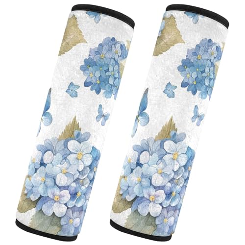 Image of Watercolor Hydrangea Butterfly Seat Belt Cover Pad 2 Pcs Soft Cute Seatbelt Covers Protector Support Head Neck Shoulder Strap for Car Seats High Chair Backpack for Adults Kids Women Men 10x7.7I