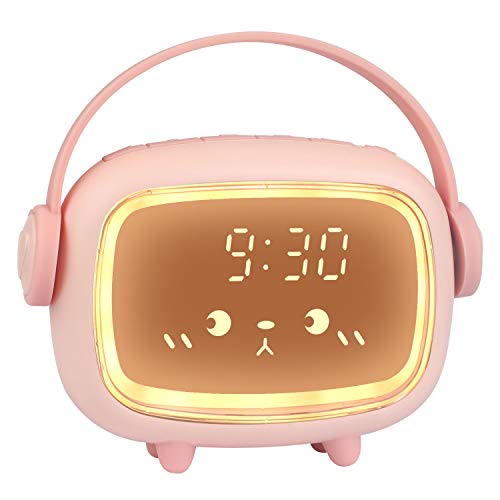 Réveil Enfants Filles Garçons Numérique,Réveil Mignon 2 Alarmes 6 Volume de MusiqueRéglable 3 Luminosité de l'écran Minuterie Veilleuse Compte à Rebours Snooze Commande Vocale Horloge Rechargeable